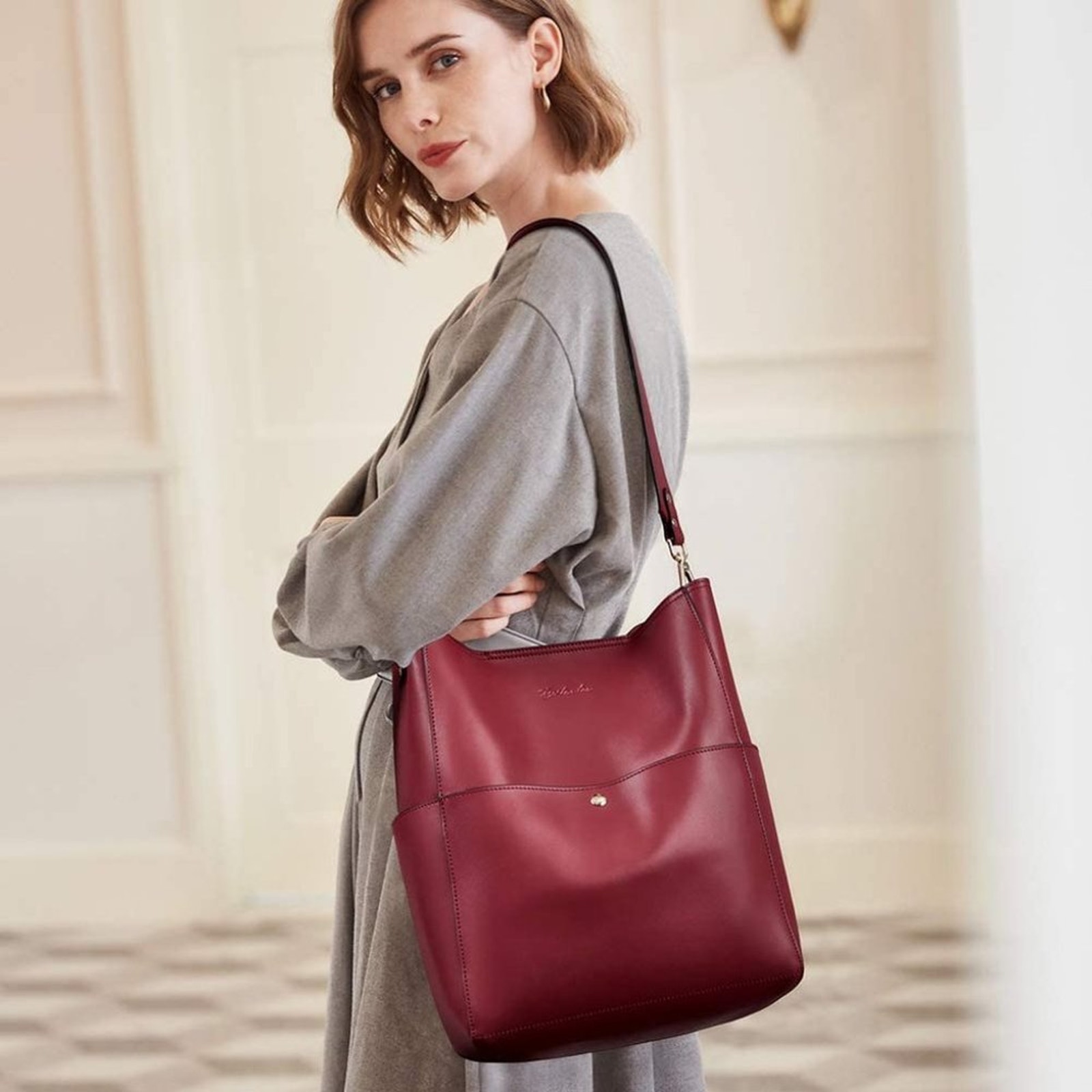 Bostanten Lotty Leather Hobo Bucket Tote Bag