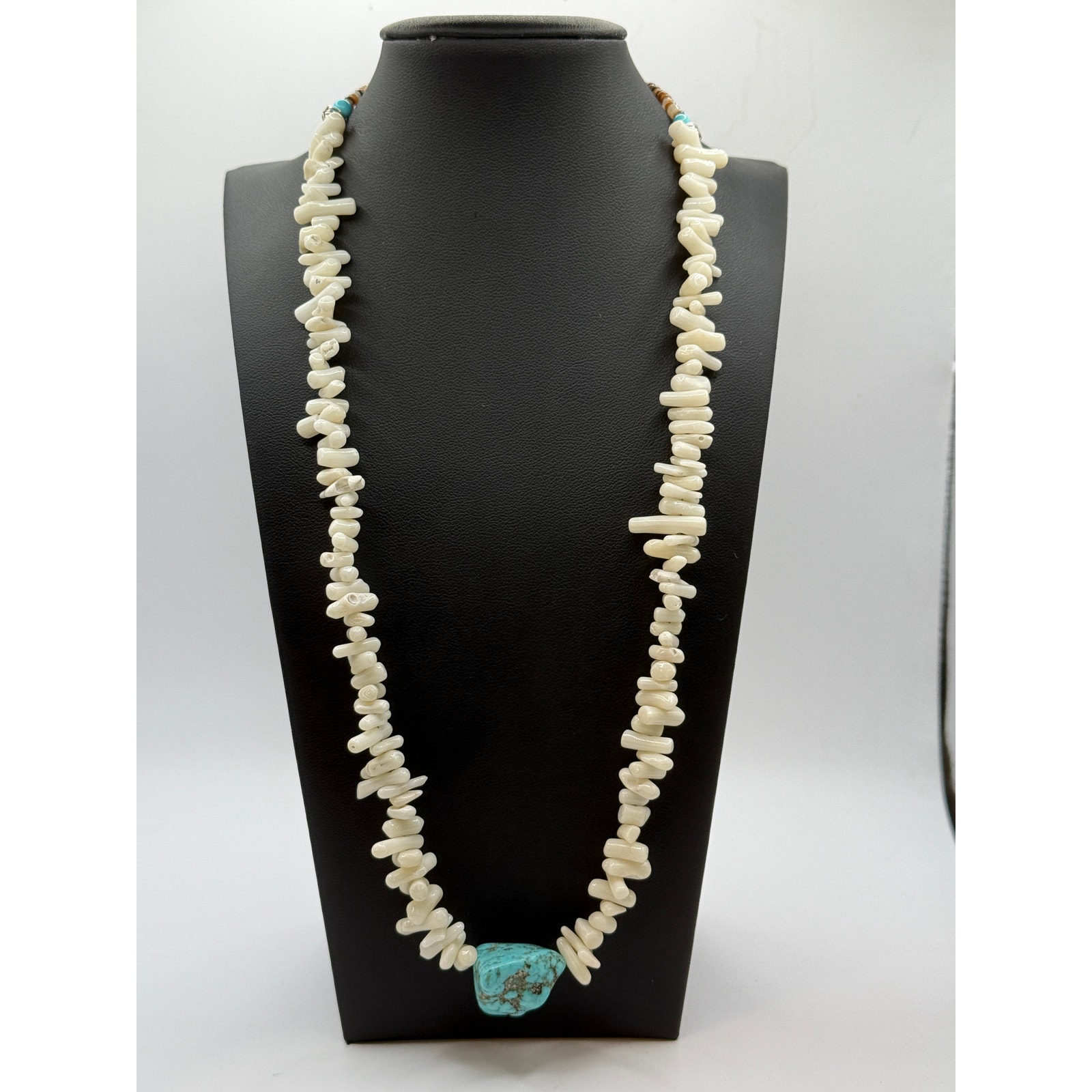 Native American White Coral, Turquoise, Seashell Necklace