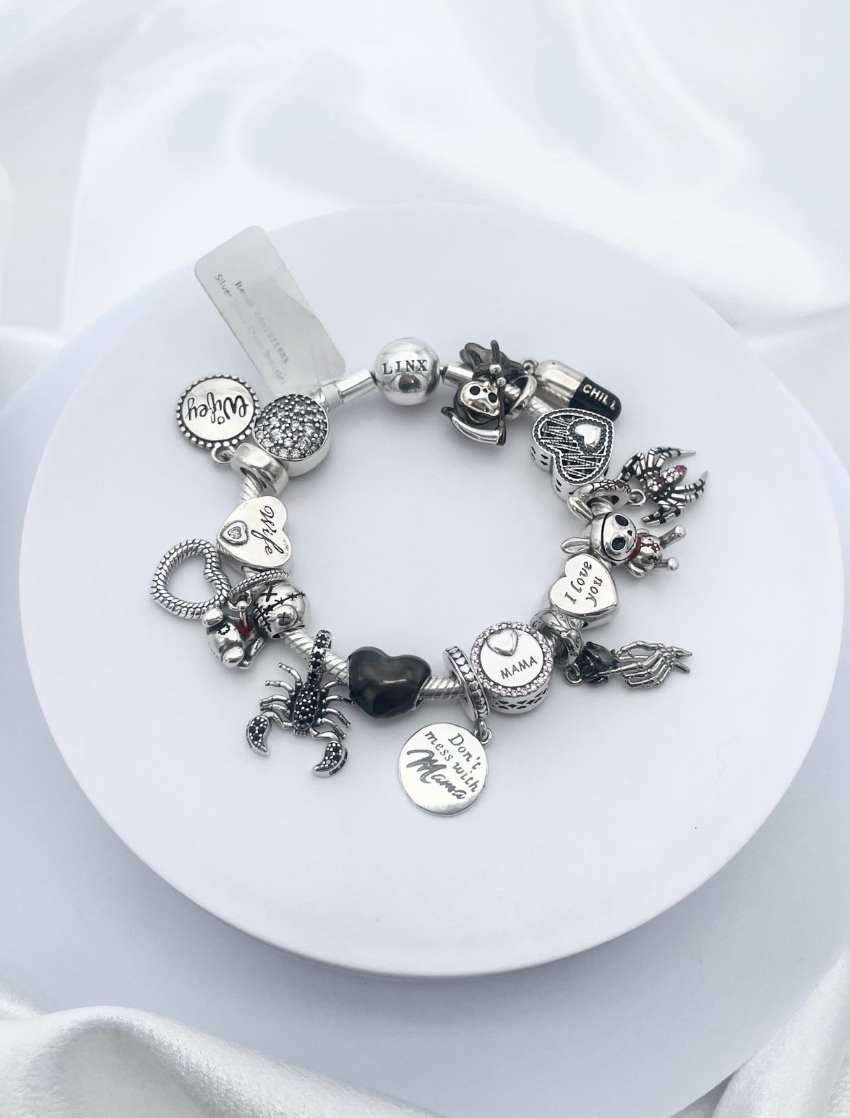 Linx Snake Chain Bracelet with Black and Silver Mama and Wife Themed Charms