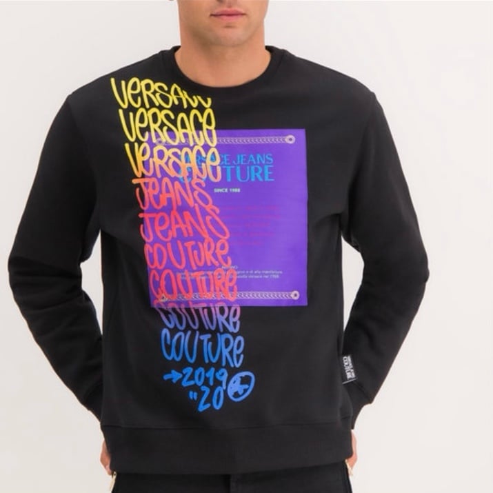 Versace Jeans Couture Men's Black Graphic Brushed Fleece Pullover Sweatshirt