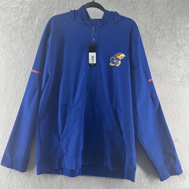 Kansas Jayhawks Adidas Jacket Men's Blue Hooded Wind Breaker Zip Stretch Sz 2XL