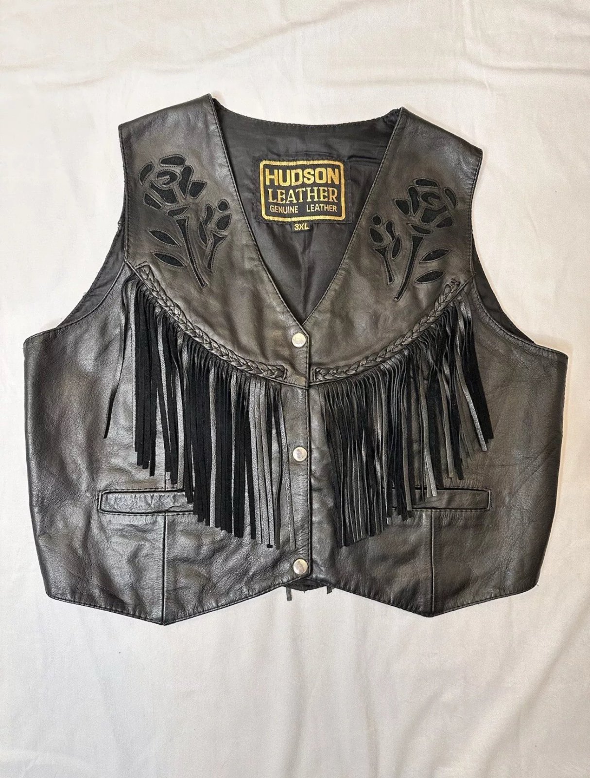 Vintage Genuine Leather Hudson Leather Fringe Rose Embroidery Women's Size 3XL