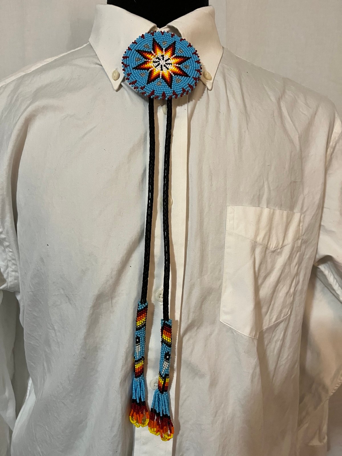 Hand Beaded Bolo Tie Peyote Stitched Tips