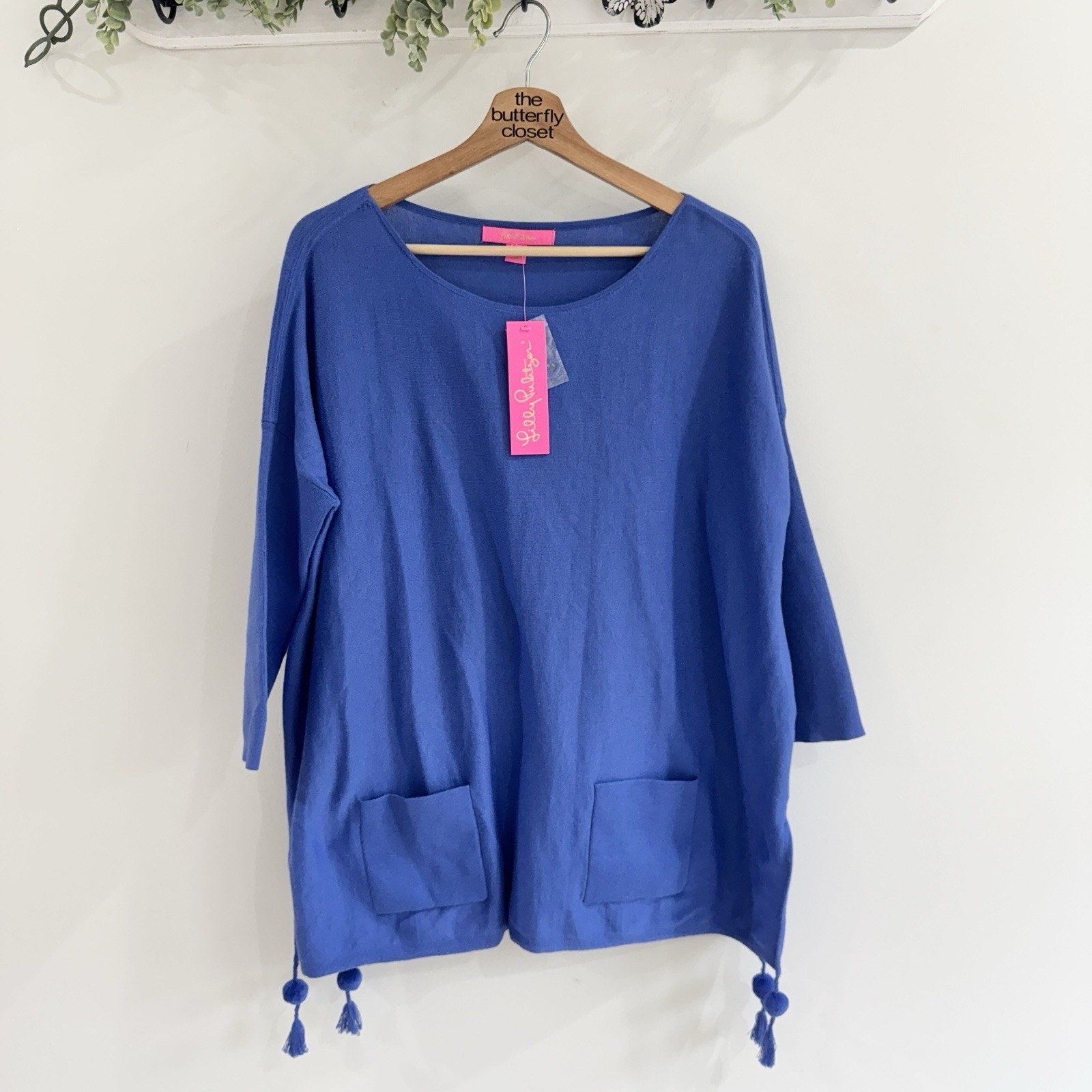 New Lilly Pulitzer Elba Sweater Blue Tassels Oversized Small CP