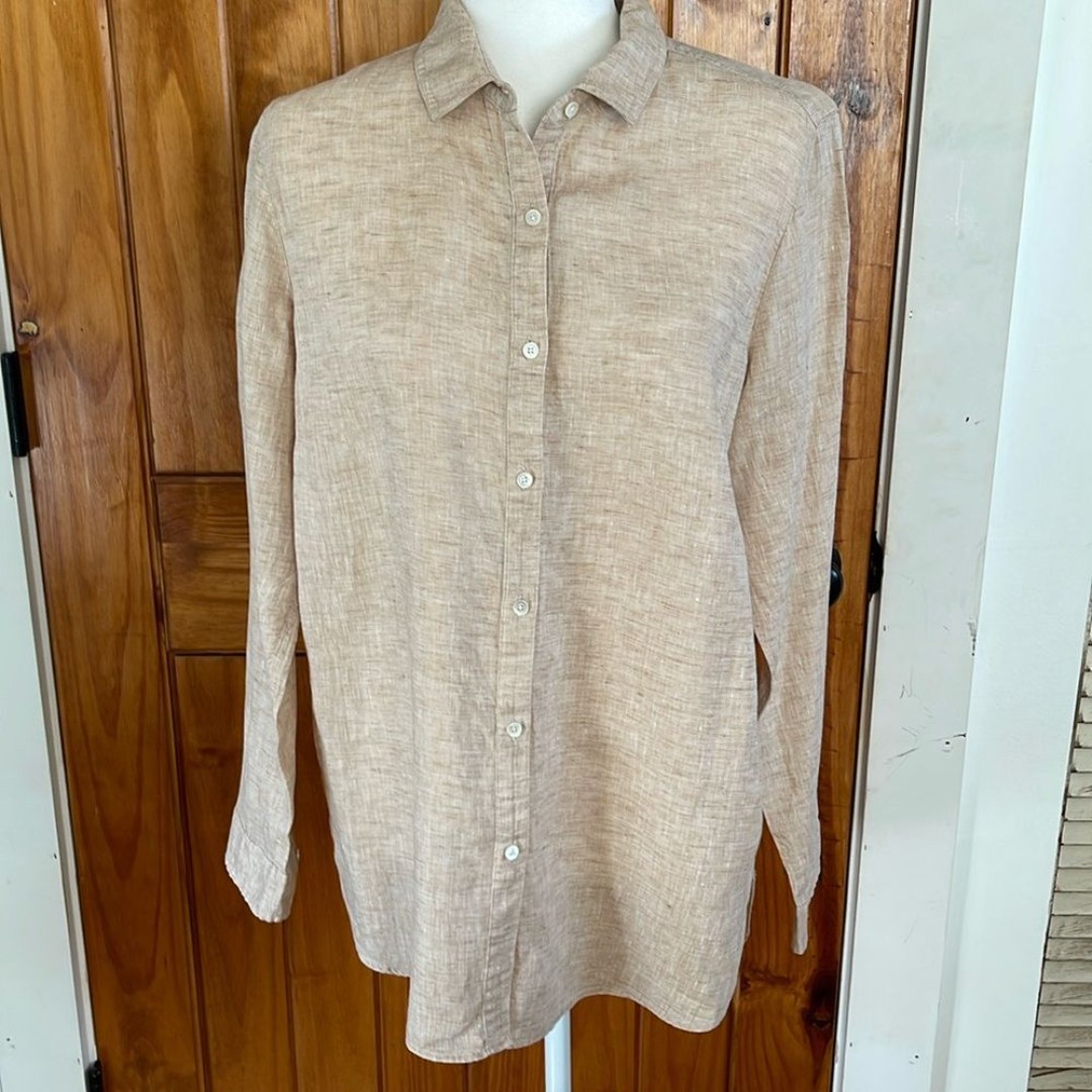 J McLaughlin Britt Beige Tan Linen Long Sleeve Button Down Shirt Large