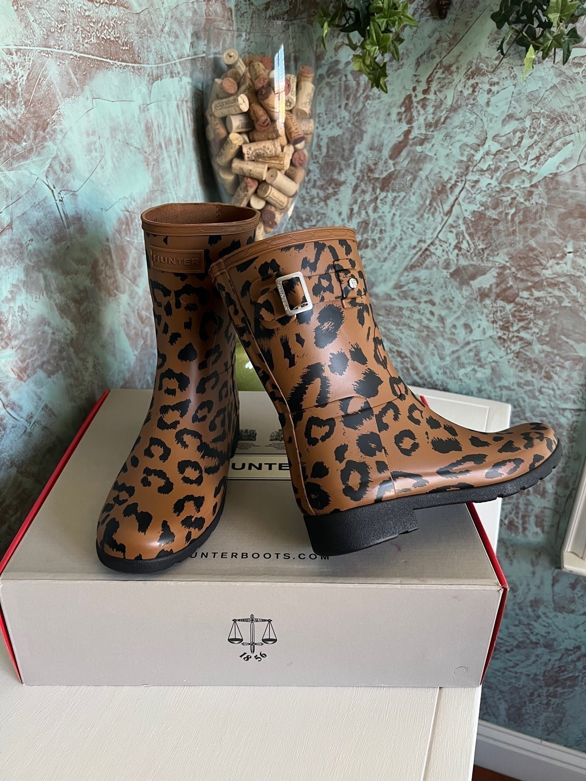 Hunter Womens Original Refined Short Hybrid Print Rubber Rain Boots Leopard US 6