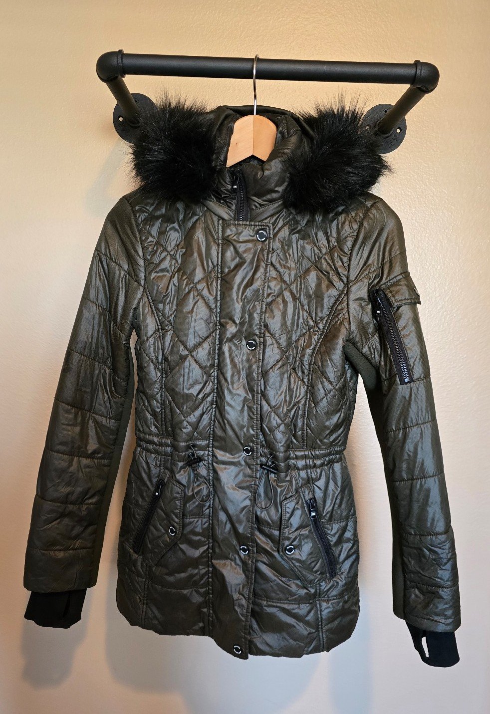 Michael Kors Quilted Women Long Puffer Coat w/ Fur Hoodie, Color Olive, Size XS