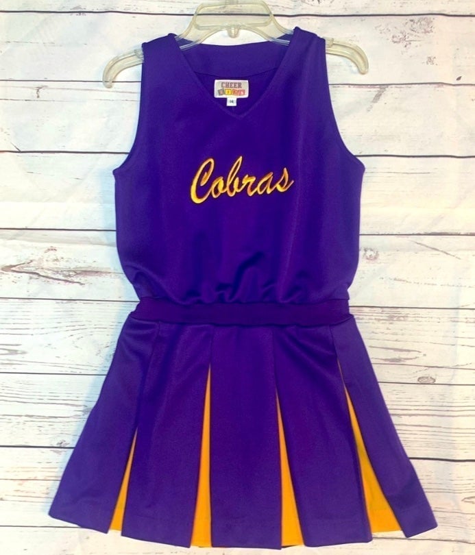 Size 14 Purple & Gold Cobras Logo Cheerleading Jumper Dress Uniform NWT
