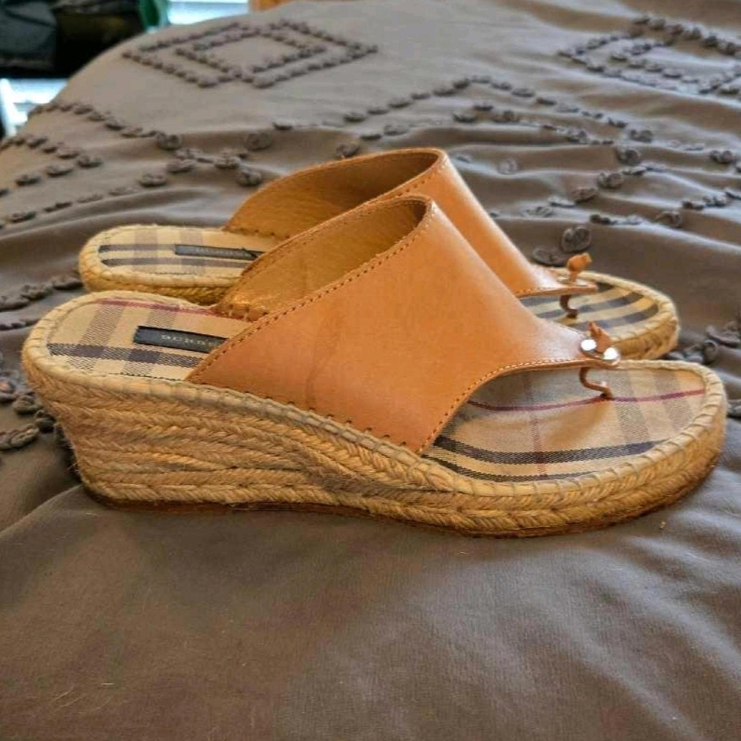 Burberry Check Espadrille Wedge Sandals  Tan Leather & Canvas