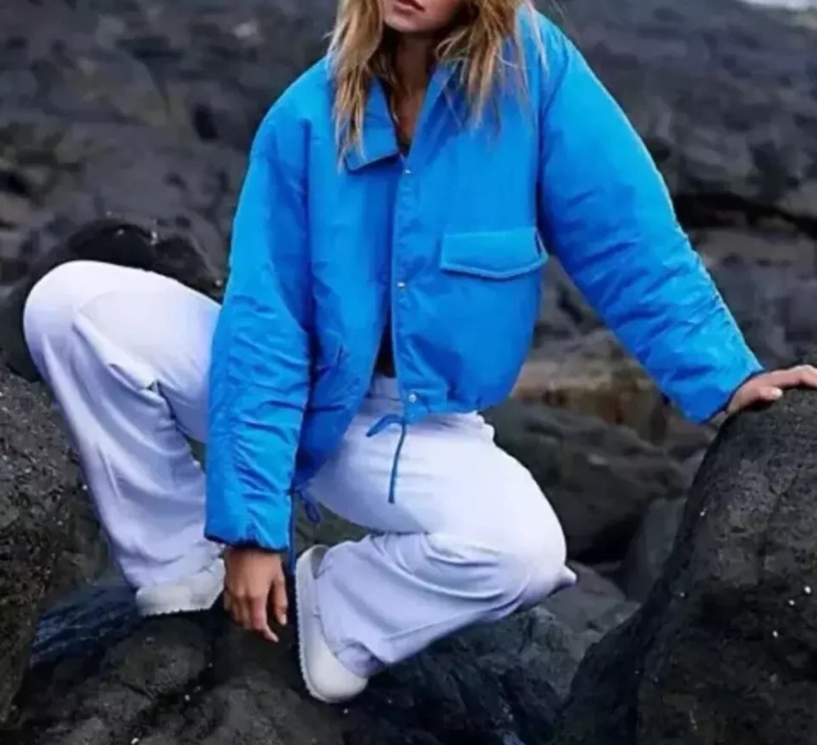 Free People Movement Off the Bleachers Coaches Super Sonic Blue Jacket Sz S NWO