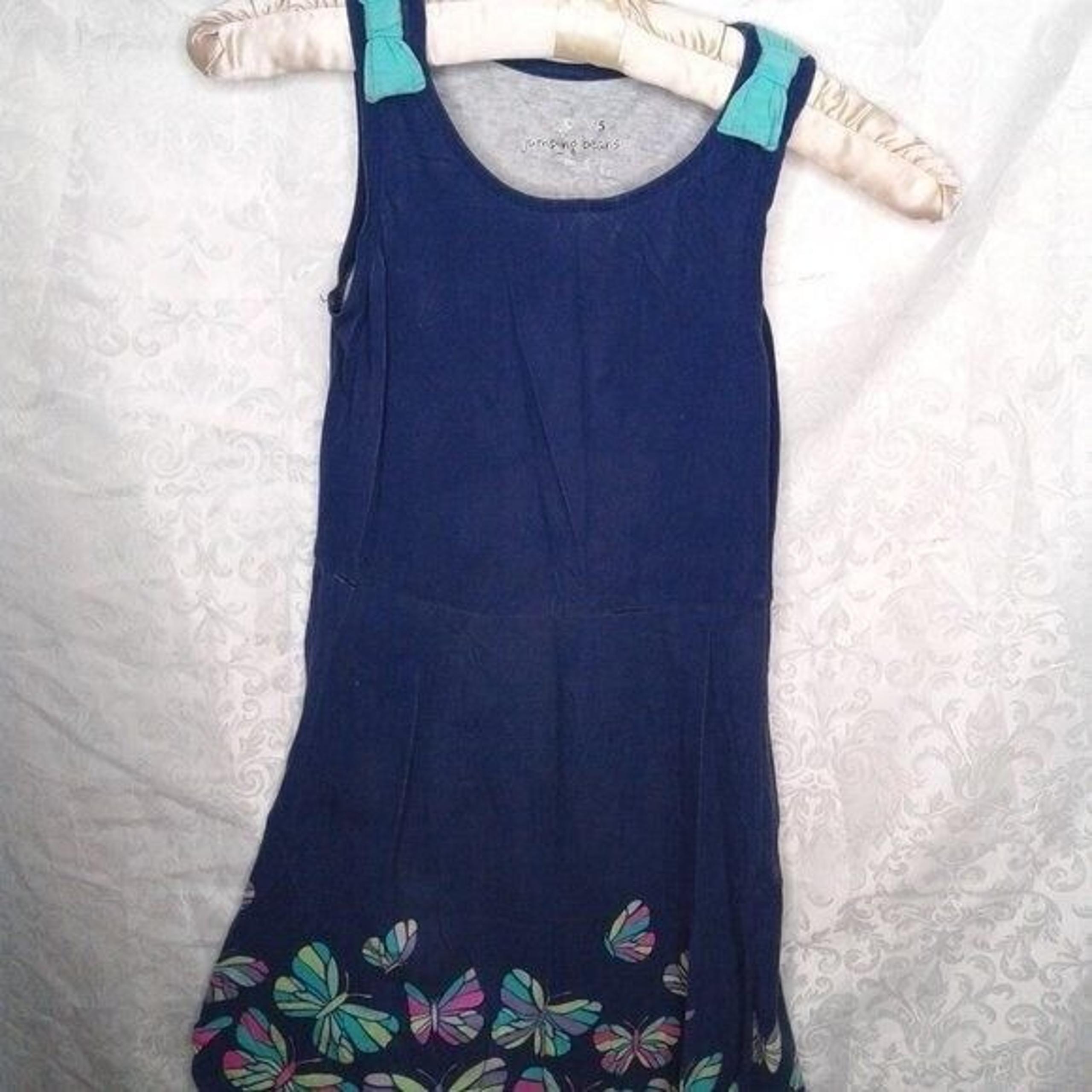 Jumping Beans Girls Navy Blue Tank Dress Teal Pink Butterfly Bow Cotton Size 5