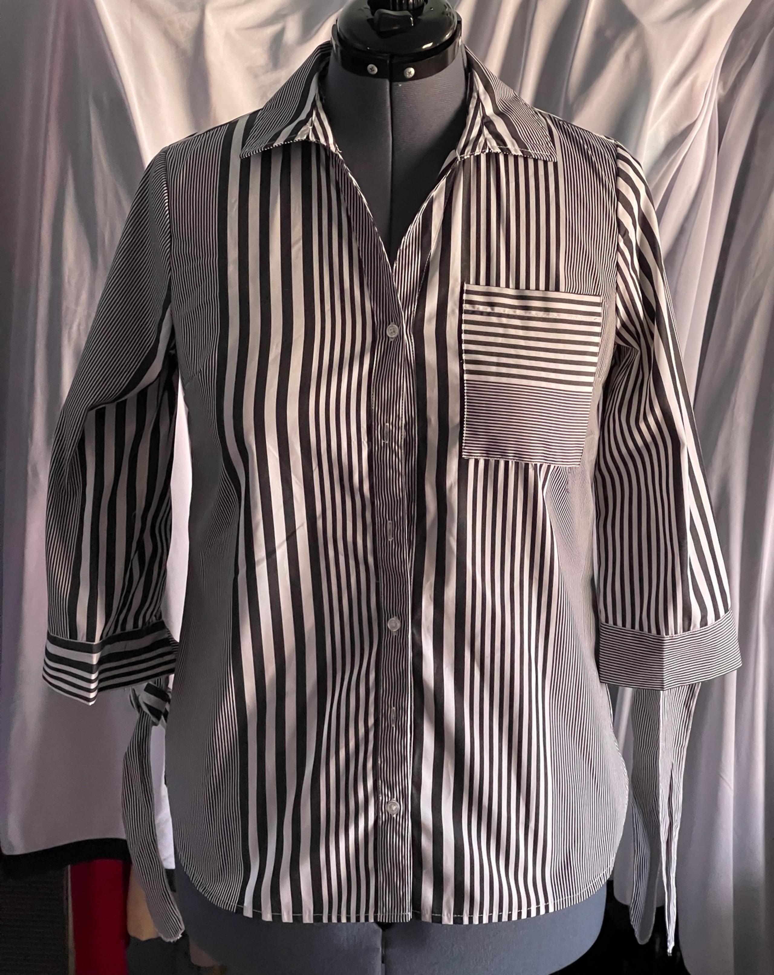Cato Women’s Small Black/White Striped Button Down Tie Sleeve Top wb4
