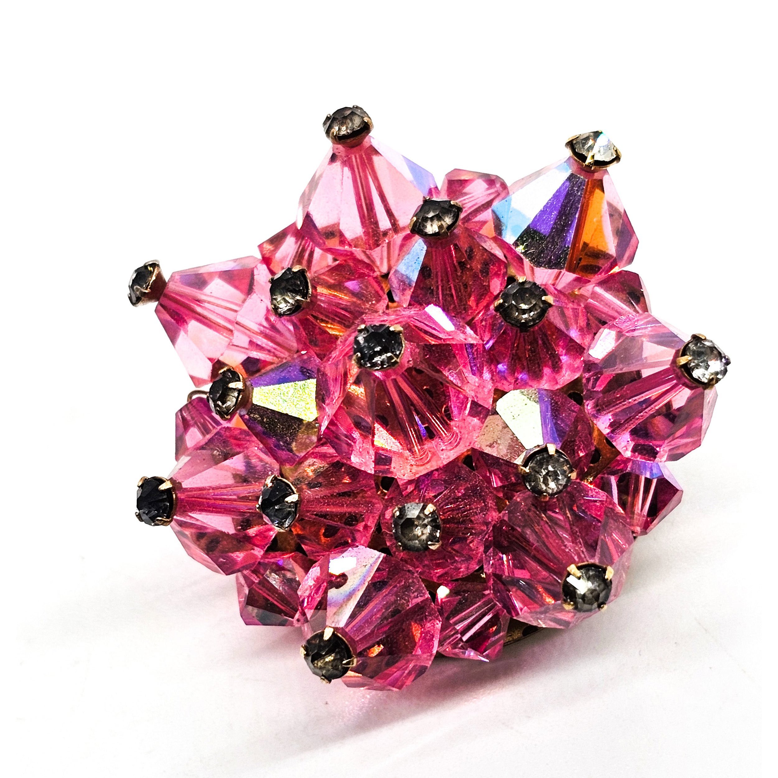 Pink Aurora Borealis Austrian Crystal bi-cone beaded vintage rhinestone brooch