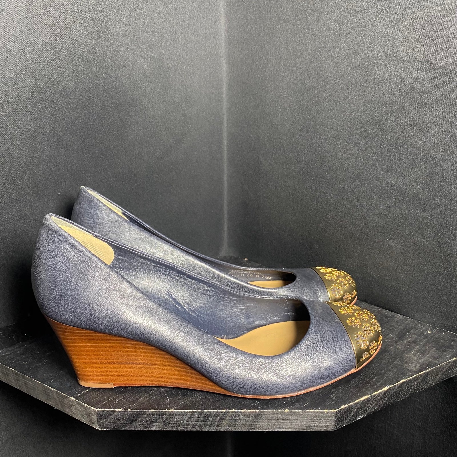 Tory Burch cap toe gold wedge blue leather heels