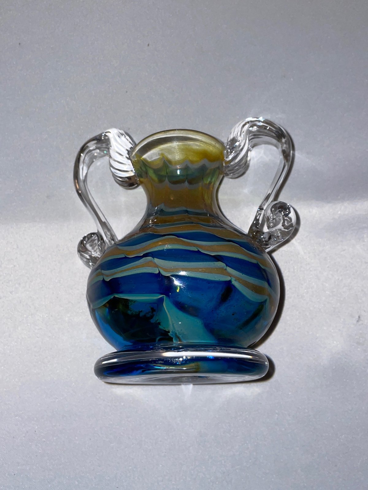 Murano small vase with swirled colors and fancy applied clear glass handles
