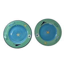 Brushes Hand Painted K.I.C. Dinner Plate - Ocean Fish Starfish - Blue / Green x2