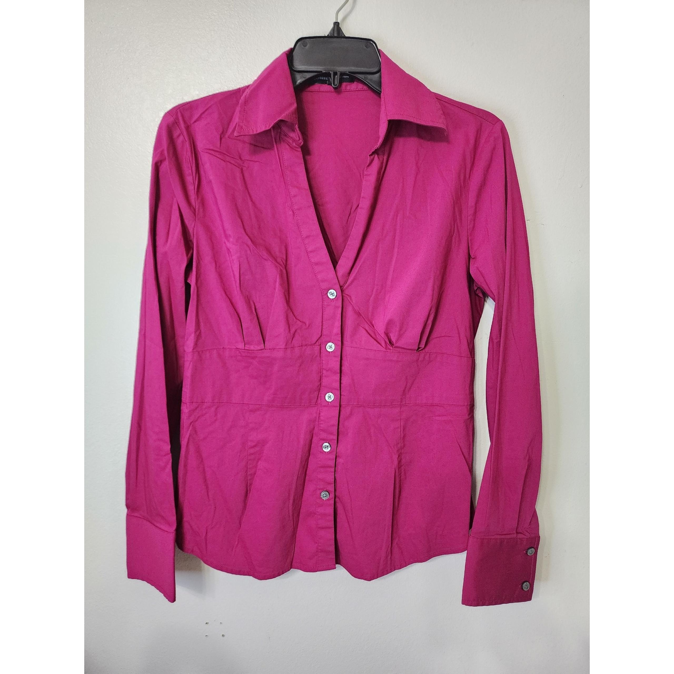 Express Design Studio Button Down Top Fitted Long Sleeve Blouse Pink M