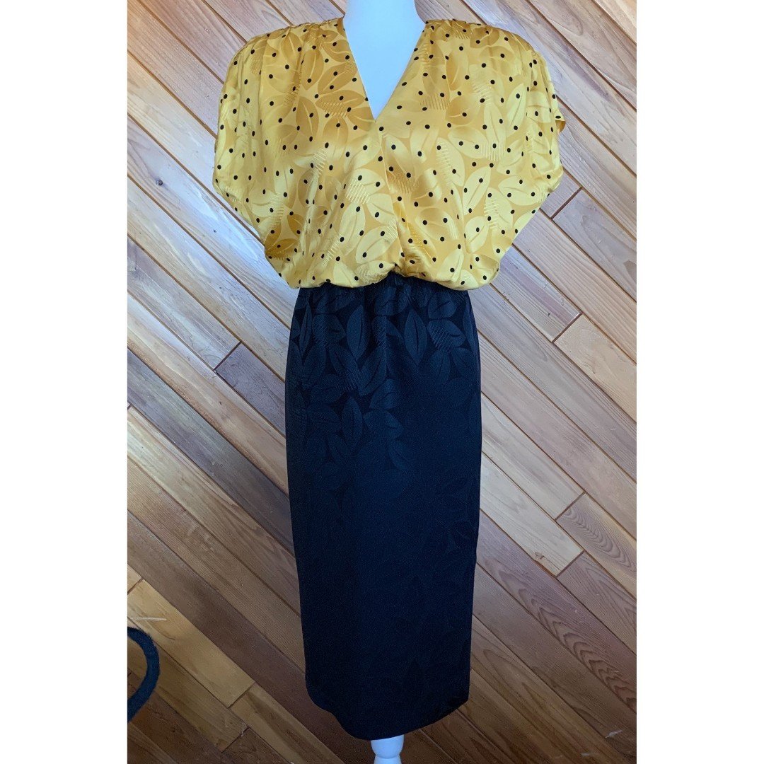 70s/80s Silk Black & Yellow polka dot and floral sheath dress
