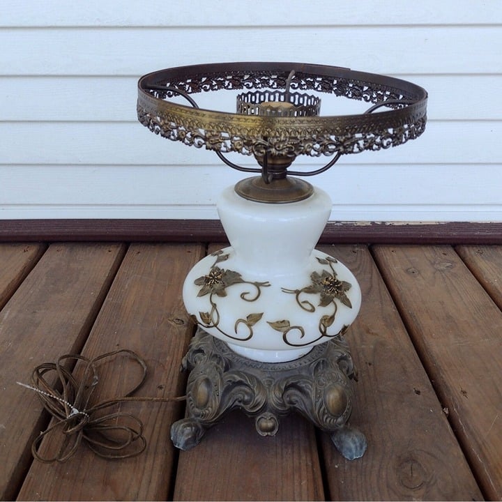 Vintage EF EF Industries Hurricane Lamp Milk Glass Brass Flower Applique Ornate