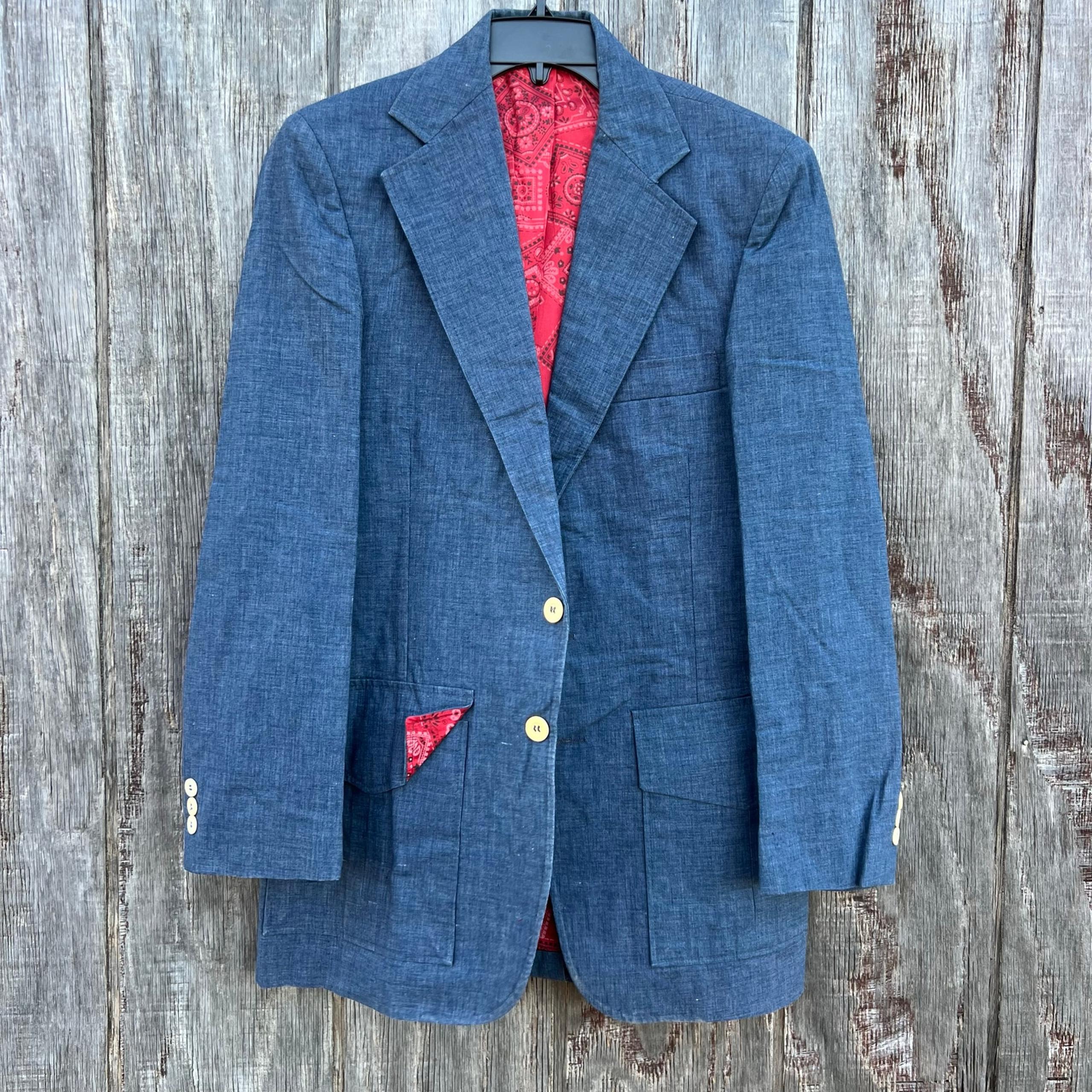 VTG 70s Gallery Haggar Denim Red Paisley Lined Cowboy Sport Coat Suit Jacket 40L