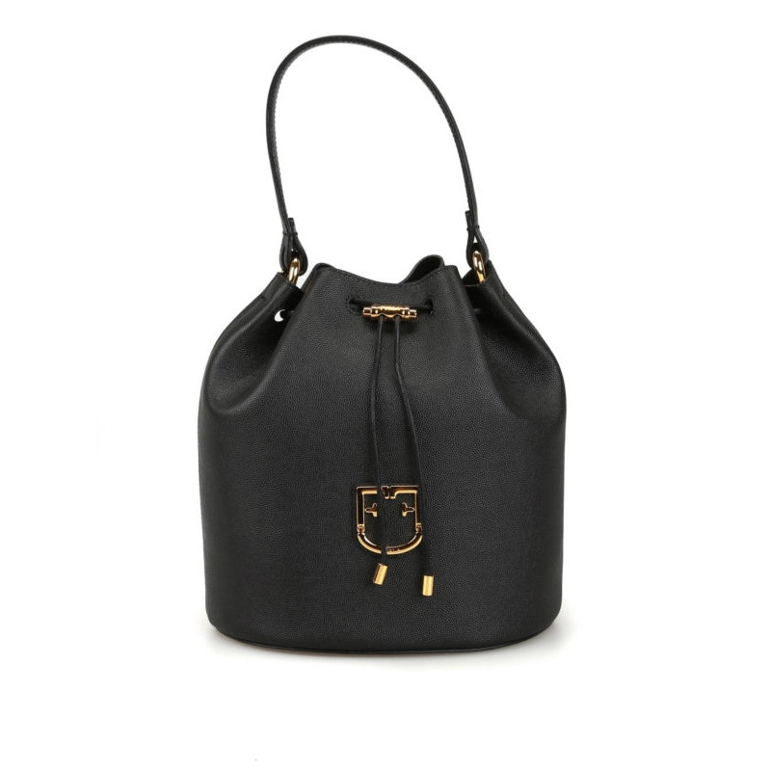 Furla Corona Gray Leather Gold-tone Metal Drawstring Bucket Handbag