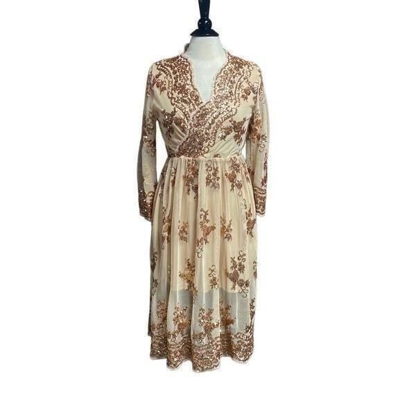 Tan & Bronze Sequin V-Neck Full Skirt Dress NEW