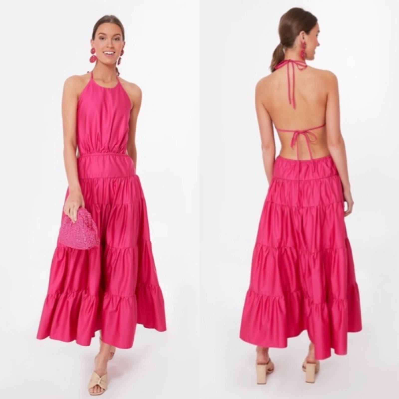 NWT Kasia Rhea Fuchsia Open Back Tiered Ruffle Dress Sz S