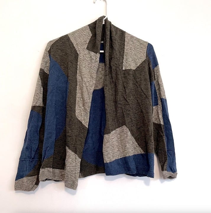 NIC+ZOE Tan Brown ish Blue Colorblock Geo Geometric Open Cardigan PETITE PP / XS