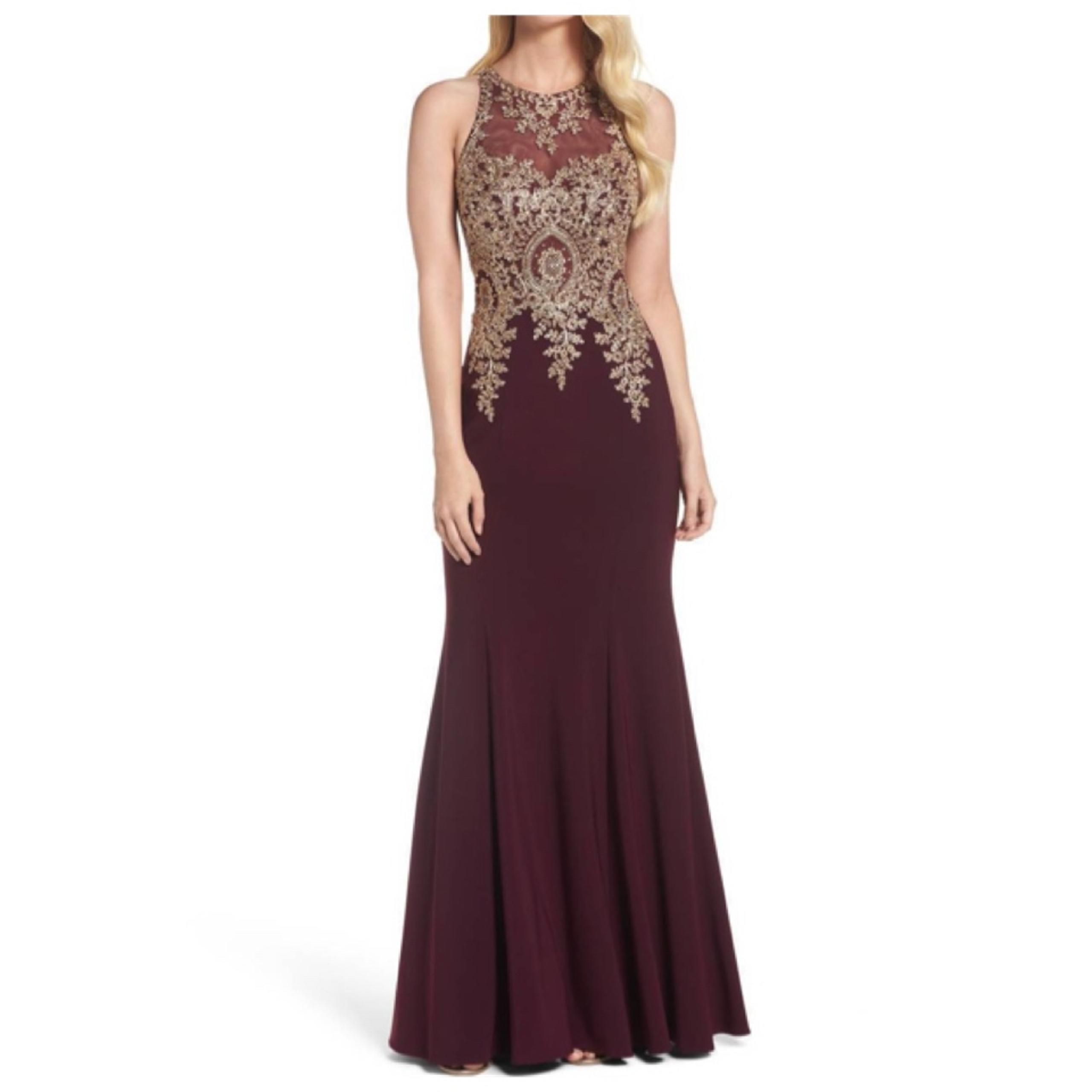 Xscape Burgundy Bordeaux Gold Lace Gemstone Sleeveless Mermaid Dress