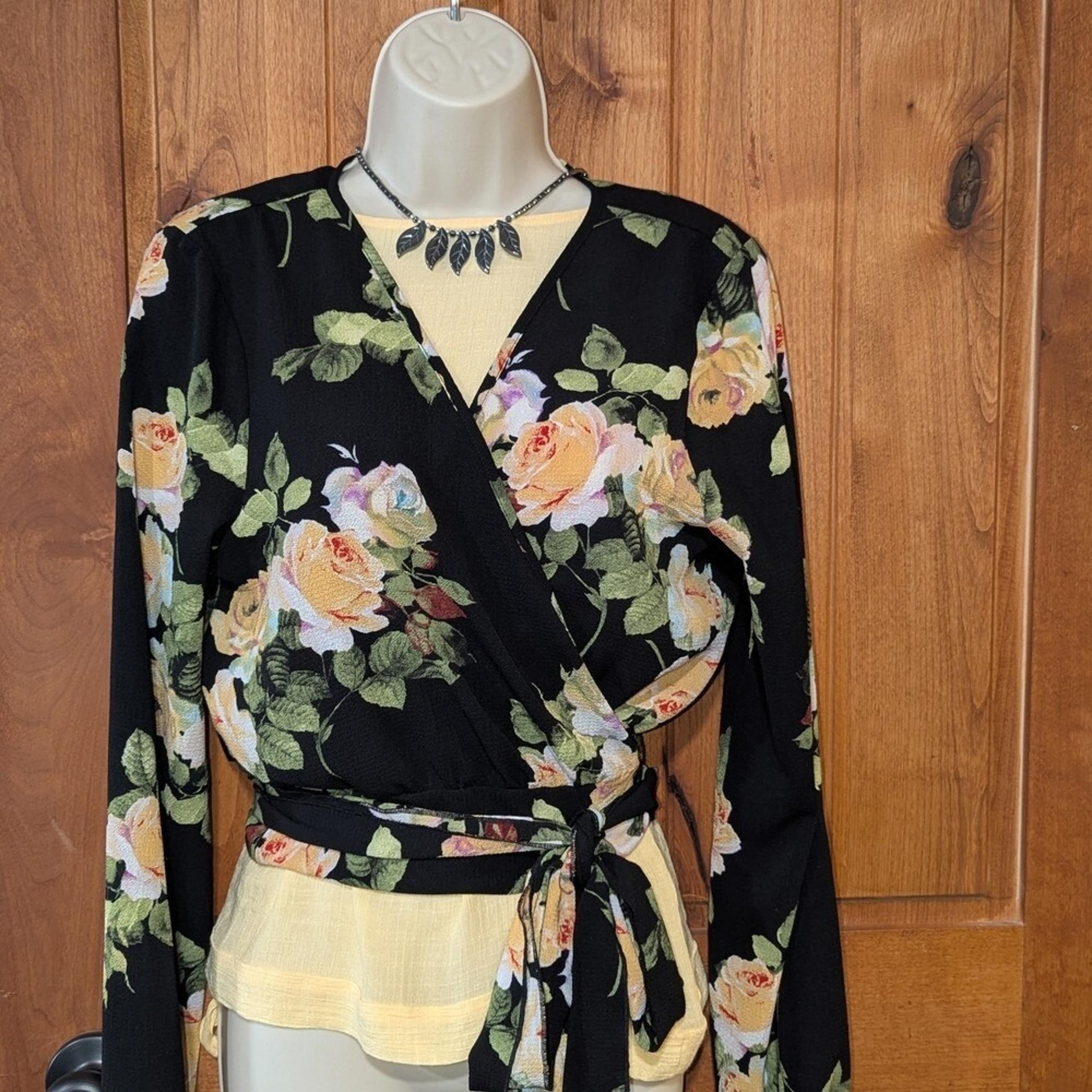 Fashion Nova Black Floral Wrap Blouse