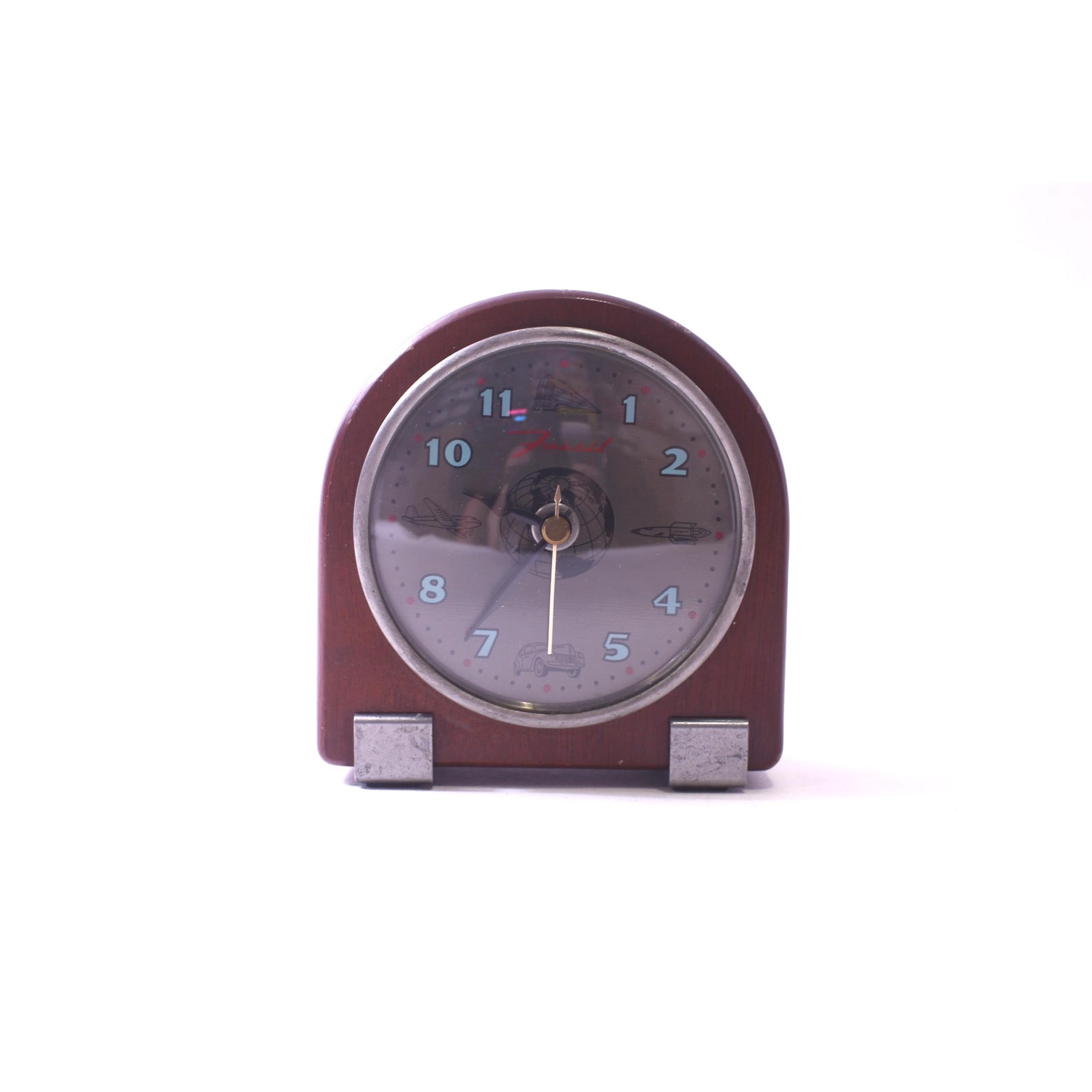 Fossil Brand, Aeronautics, Airplane, Walnut Clock, MCM, Round Top, Bedside