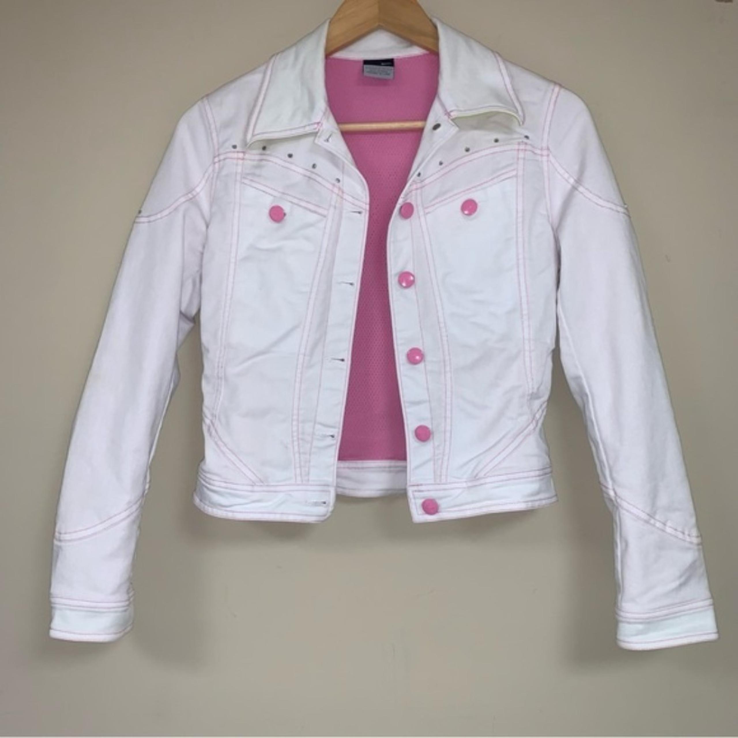 Vintage Y2K 80s 90sNIKE White Jean Jacket Bedazzled Womens XS 0-2 Pink Neon