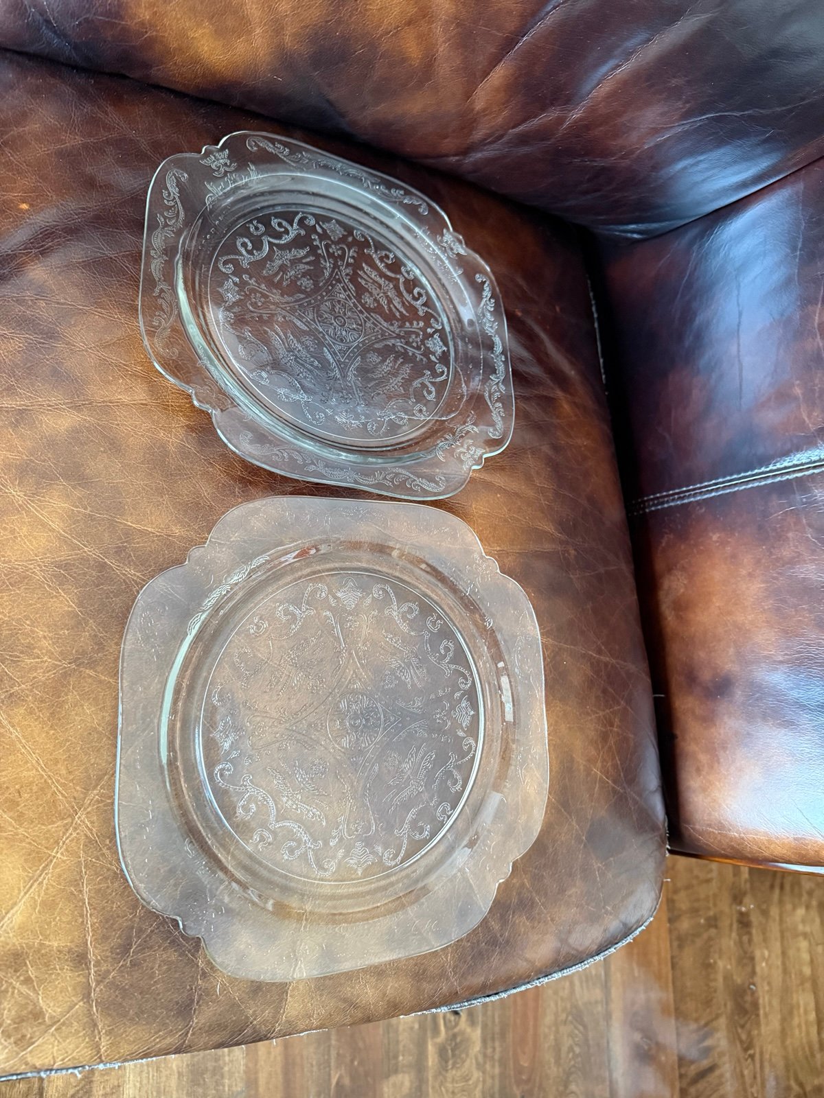 Vintage Glass intricate design clear plate set of 2 almost 10 1/2 inches