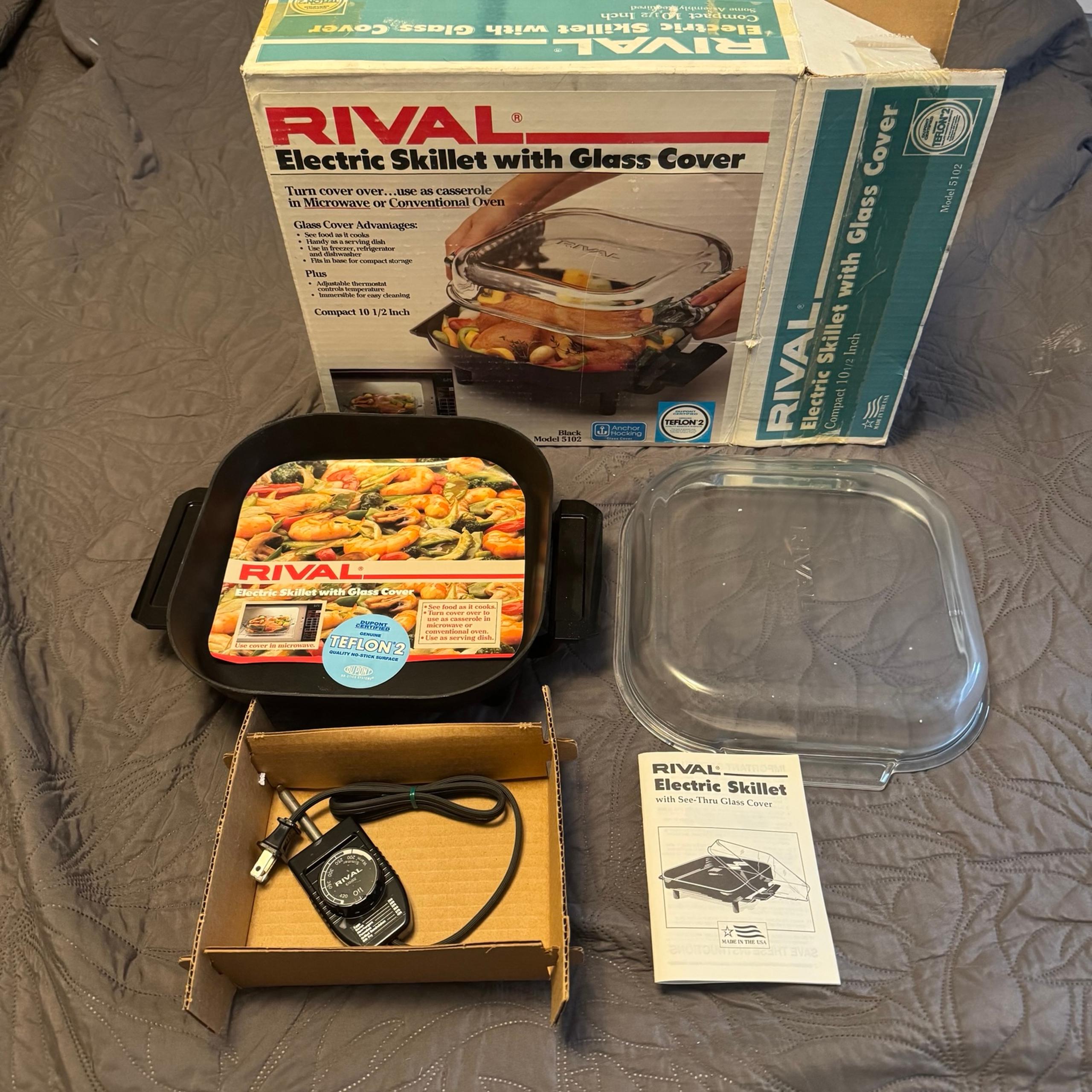 RIVAL Electric Skillet w/ Glass Cover 10.5" Square Black Model 5102 Teflon 2 NEW