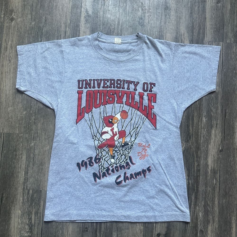 Vintage University of Louisville 1986 NCAA Basketball Champions T-Shirt Gray