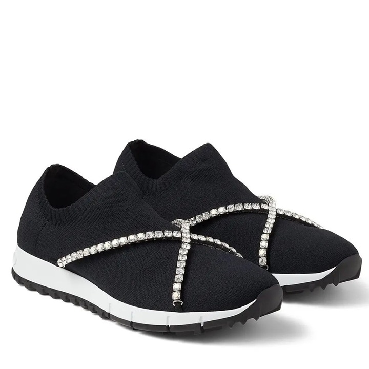 JIMMY CHOO Torri Verona Knit Trainers With Crystal Chain Black Size 39 NIB