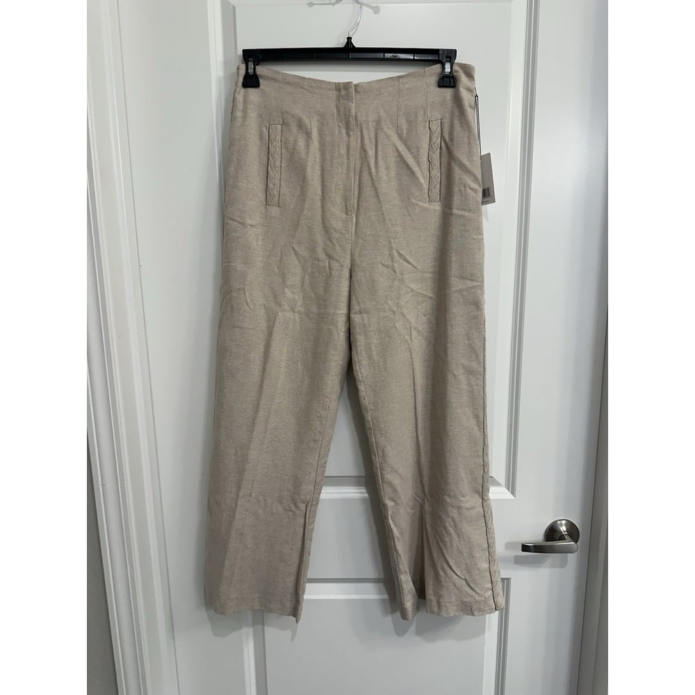 NWT Jason Wu Wide Leg Linen Pants Womens Beige High Rise Crop Braided Detail