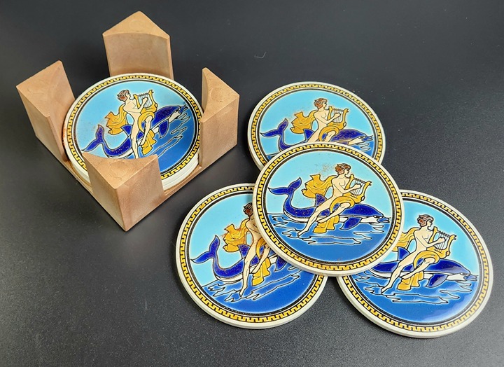 Vintage - 7 Pieces - Ocean Theme Coasters & Holder - Handmade in Greece