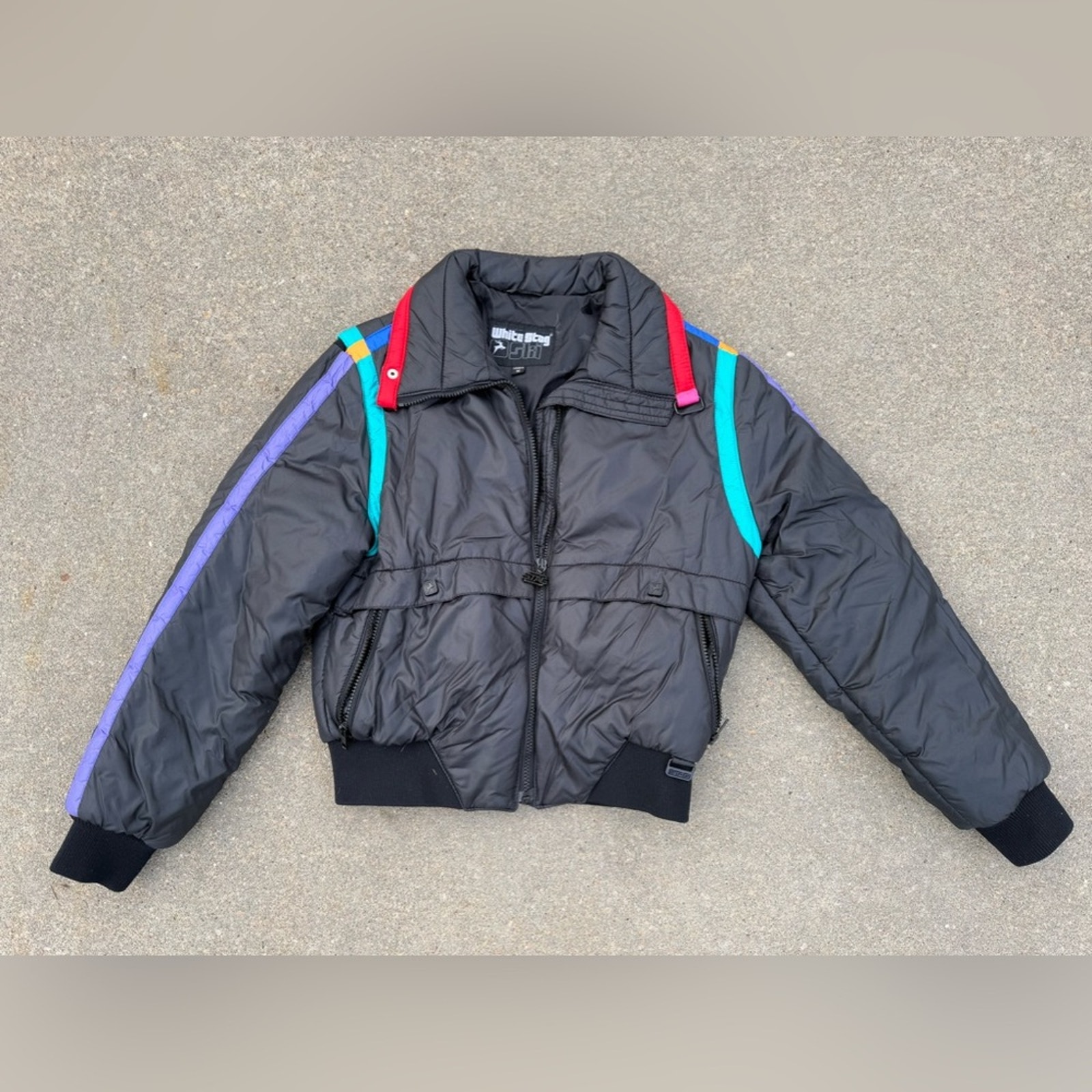 Vintage 80s White Stag Black Puffer Ski Snowboard Jacket with Colorful Stripes M