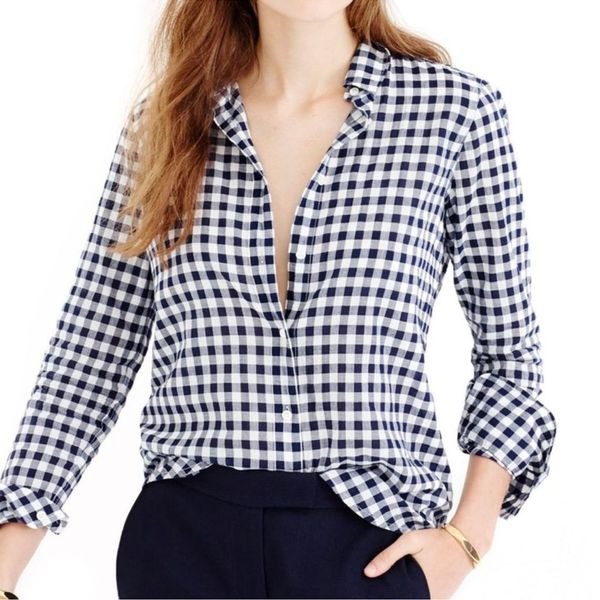 J. Crew Navy Blue Gingham Check Crinkle Boy Shirt Size 6 Long Sleeve Lightweight