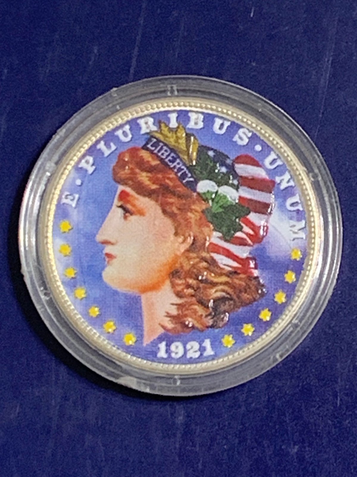 1921 colorized Morgan silver dollar
