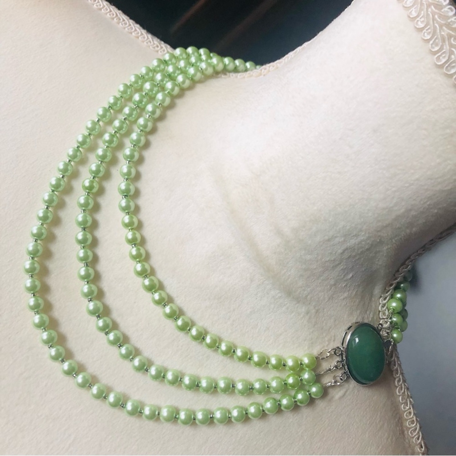 Handcrafted triple strand green Czech glass Pearl aventurine clasp necklace