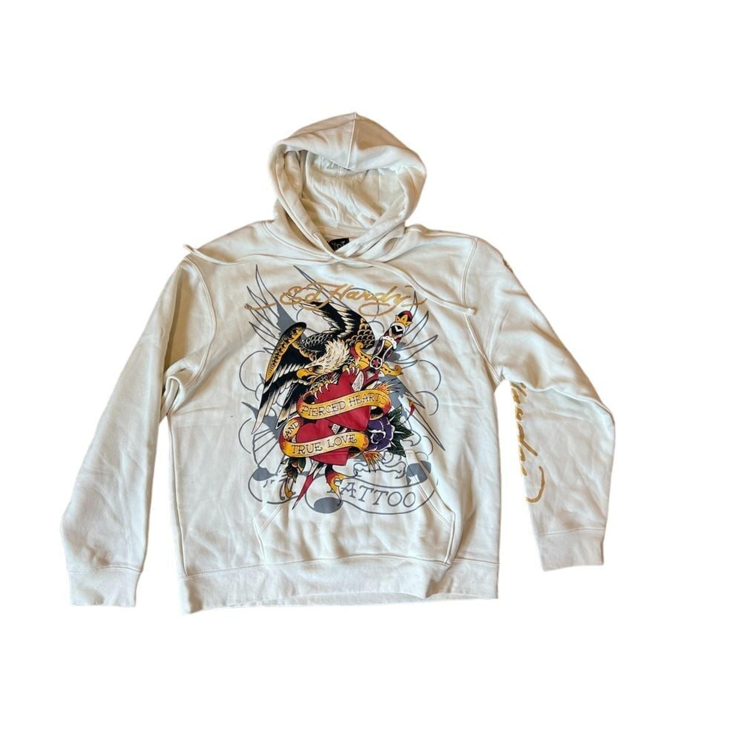 NWT Mens Christian Audigier Y2K ED HARDY Ivory Hoodie Tattoo Eagle sz XL