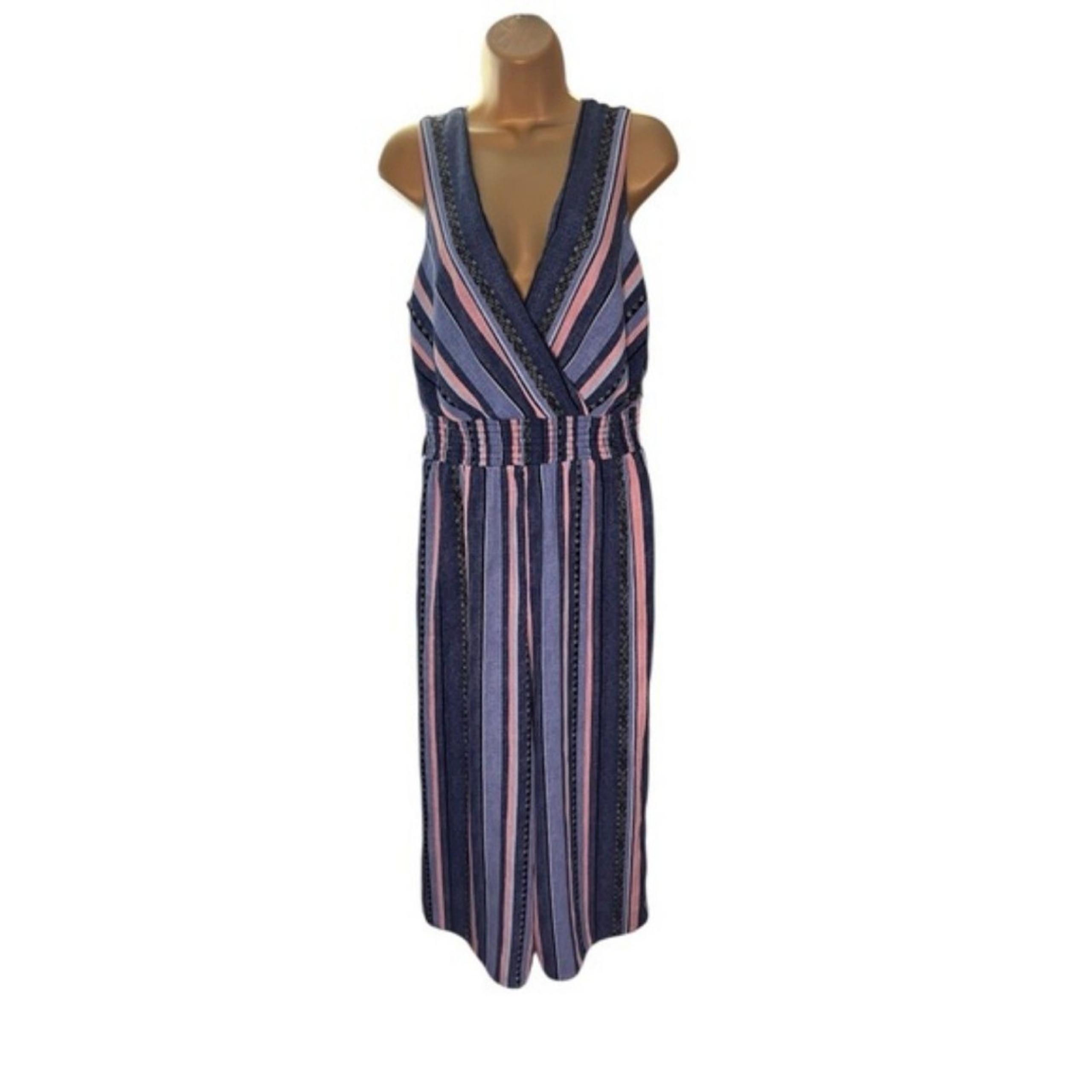 A. Byer Wide Leg Sleeveless Striped Jumpsuit Blue Combo M