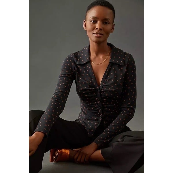 Anthropologie Maeve Ruched Knit Black and Orange Polka Dot Long Sleeve Shirt