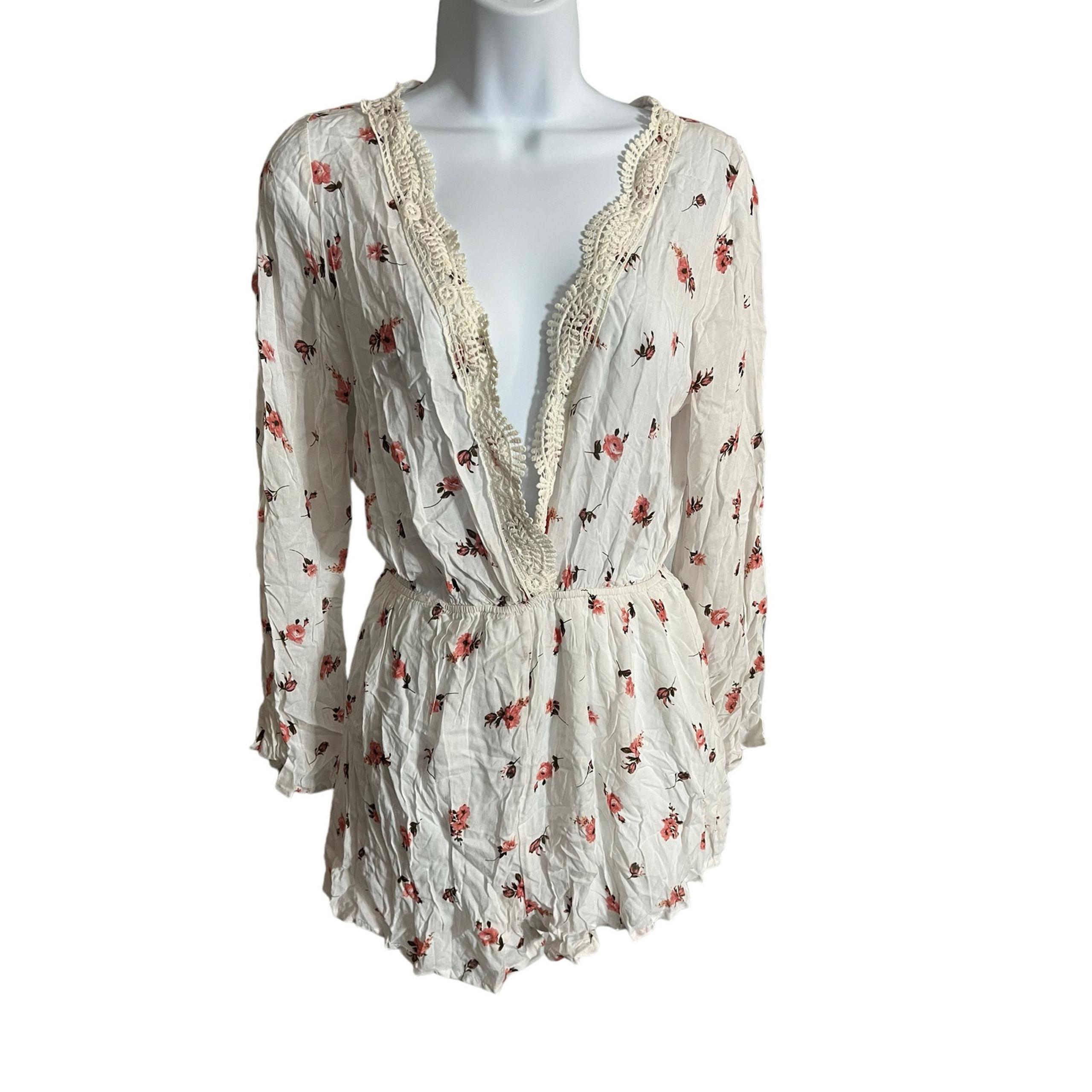 Audrey 3+1 white pink floral long sleeve shorts romper surplice vneck lace hem L