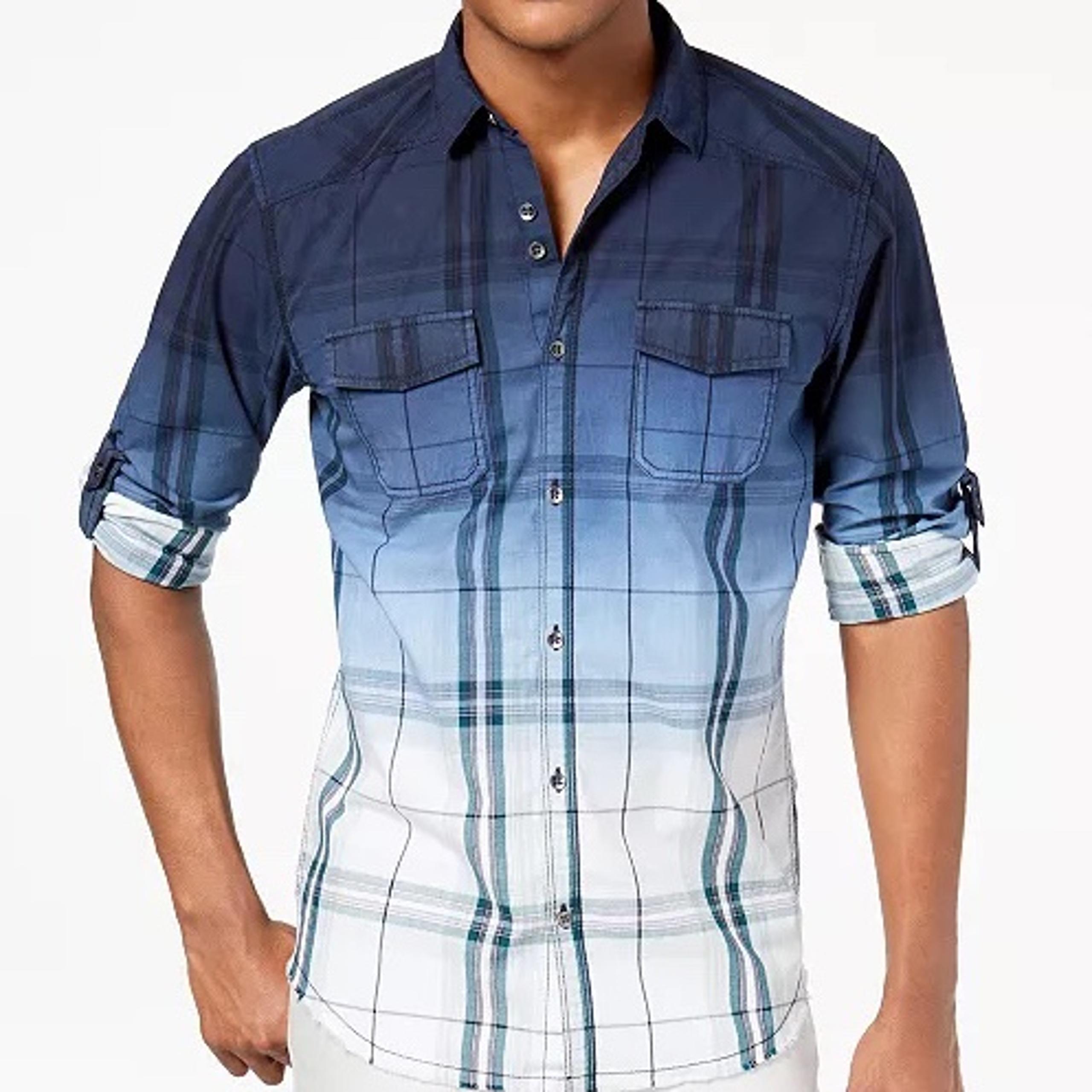 Inc International Concept Blue and White Dip Dyed Plaid Shirt