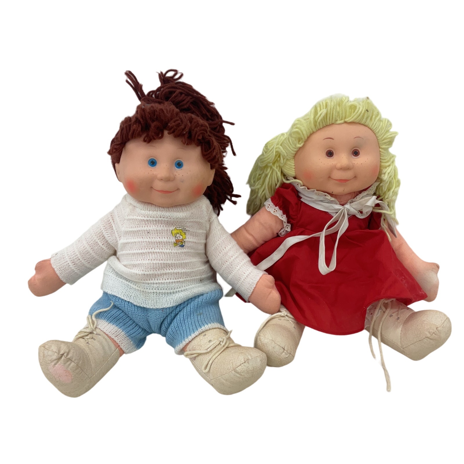 CUTE Preowned LOT 2 Play Baby Dolls Little Girls Yarn Hair Blue Box Vintage