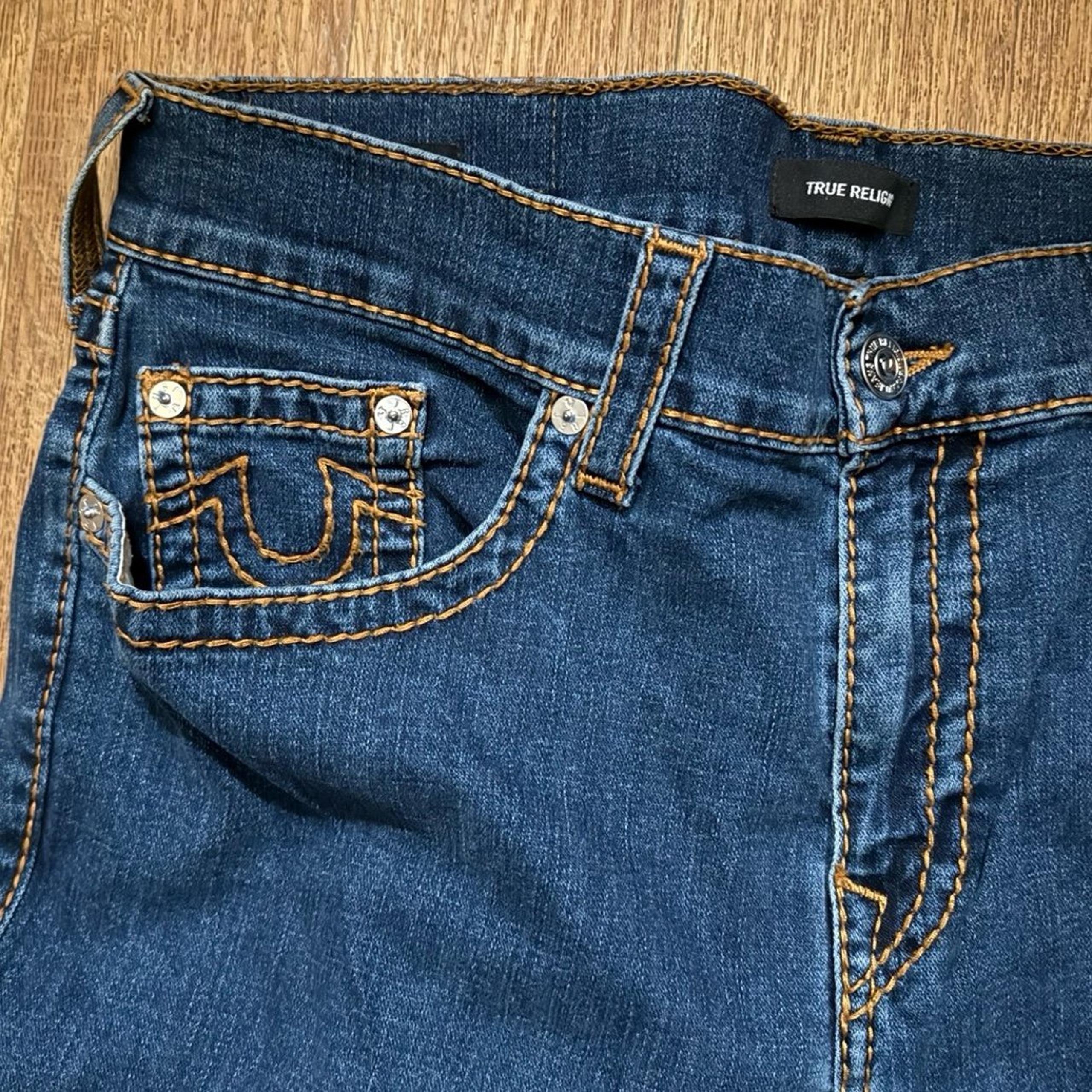 TRUE RELIGION RICKY MEN JEANS 38 BLUE DEEP WASHED ORANGE STITCH BUDDHA U POCKET