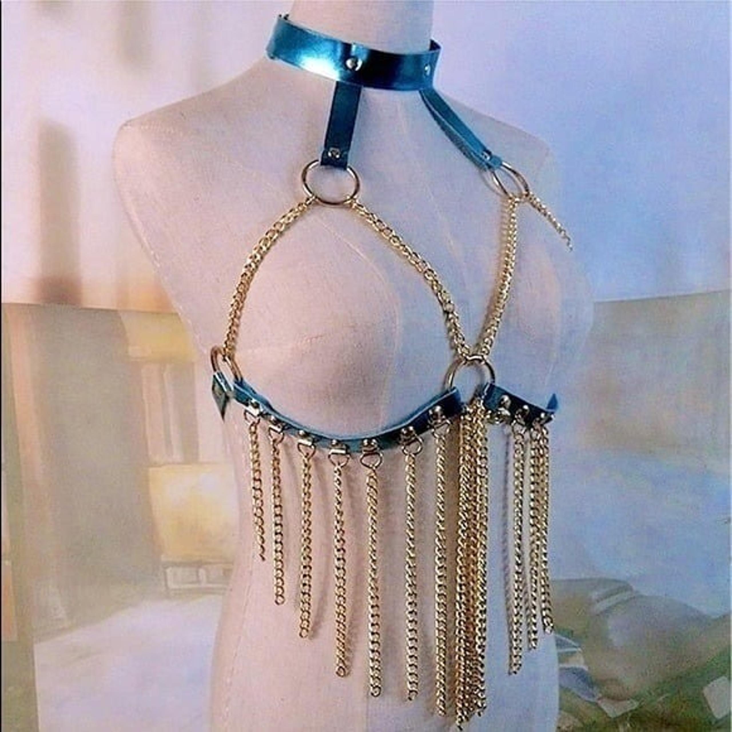 Holographic PU Leather Body Chain Choker Harness